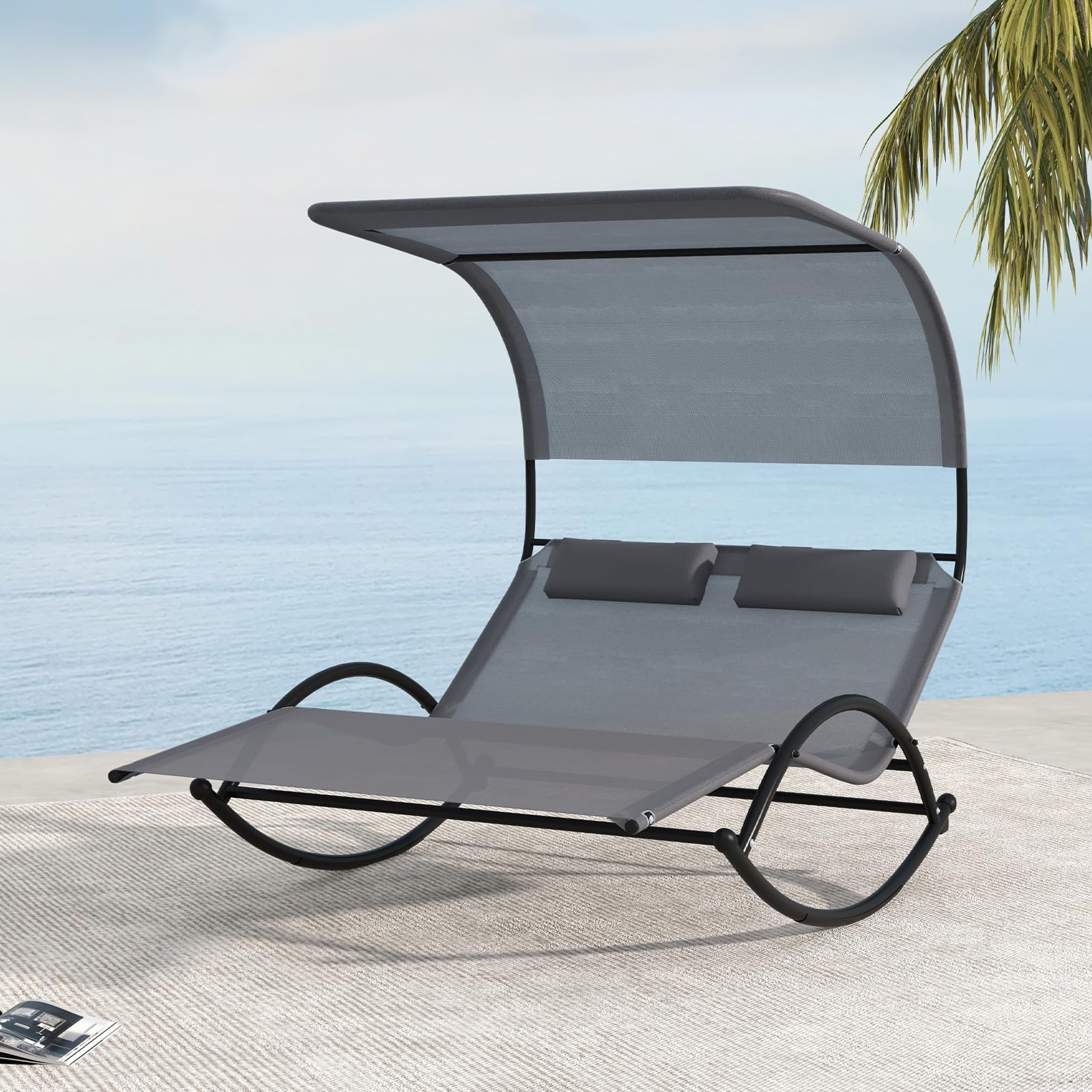 Tangkula 2 Person Lounge Chair with Adjustable Canopy, Outdoor Chaise Lounge with 2 Detachable Pillows (Gray)