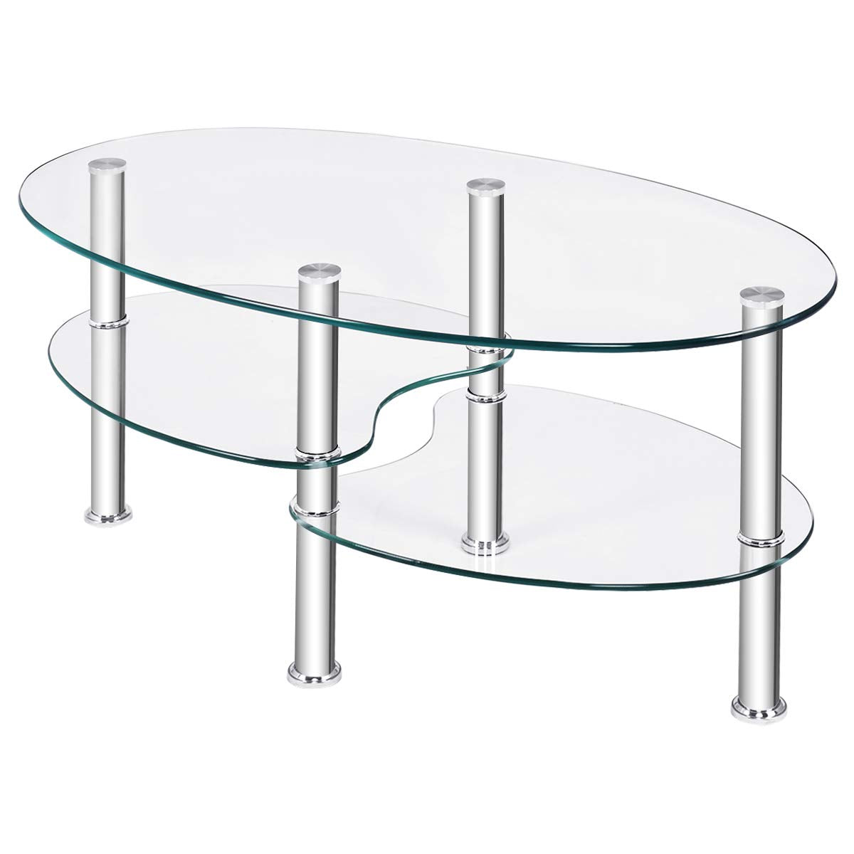 Glass Coffee Table, 2-Tier Modern Oval Smooth Glass Tea Table End Table