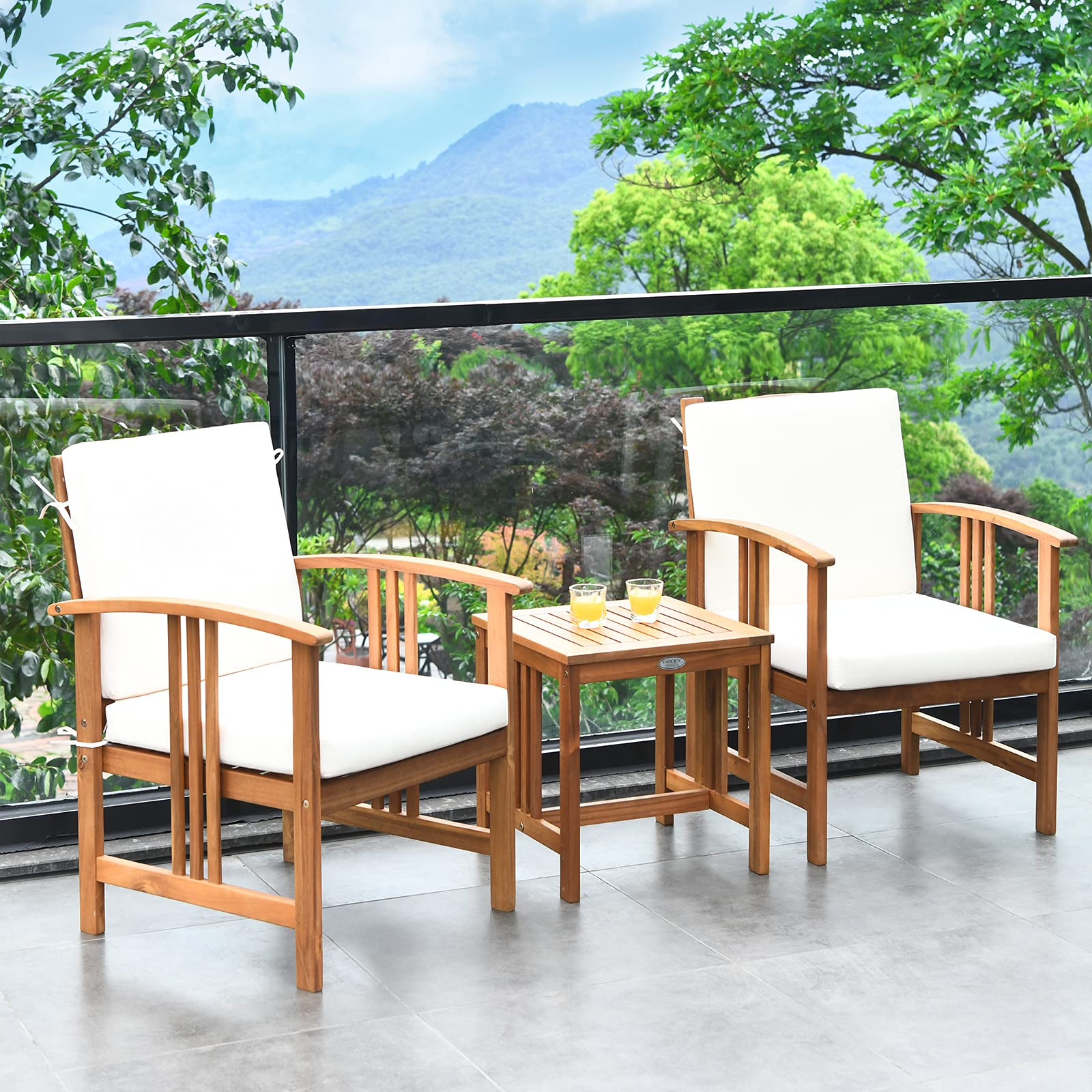 Tangkula 3-Piece Outdoor Acacia Wood Sofa Set w/Cushions