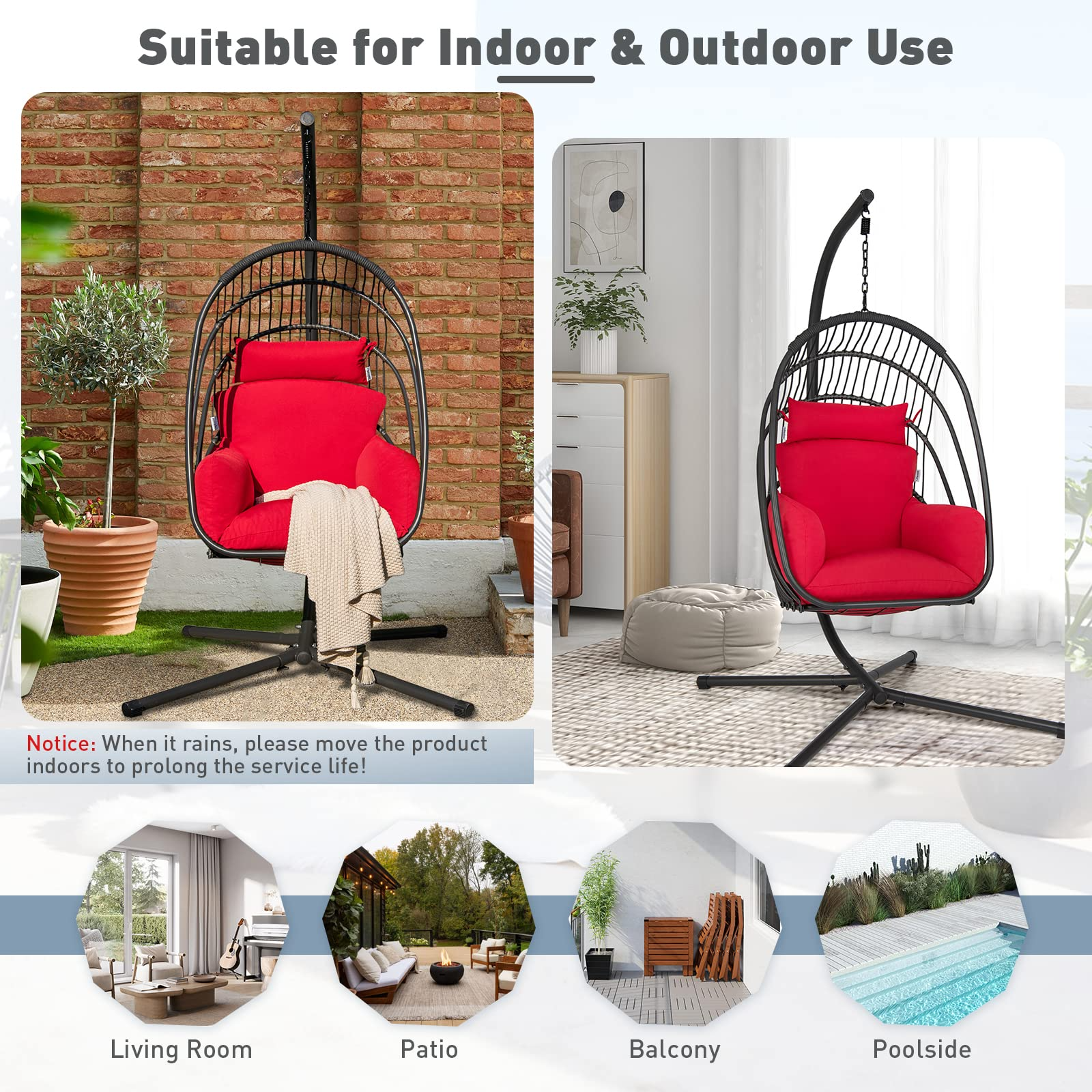 Tangkula Patio Egg Chair with Stand, Hanging Egg Swing Chair with Removable Pillow & Cushion