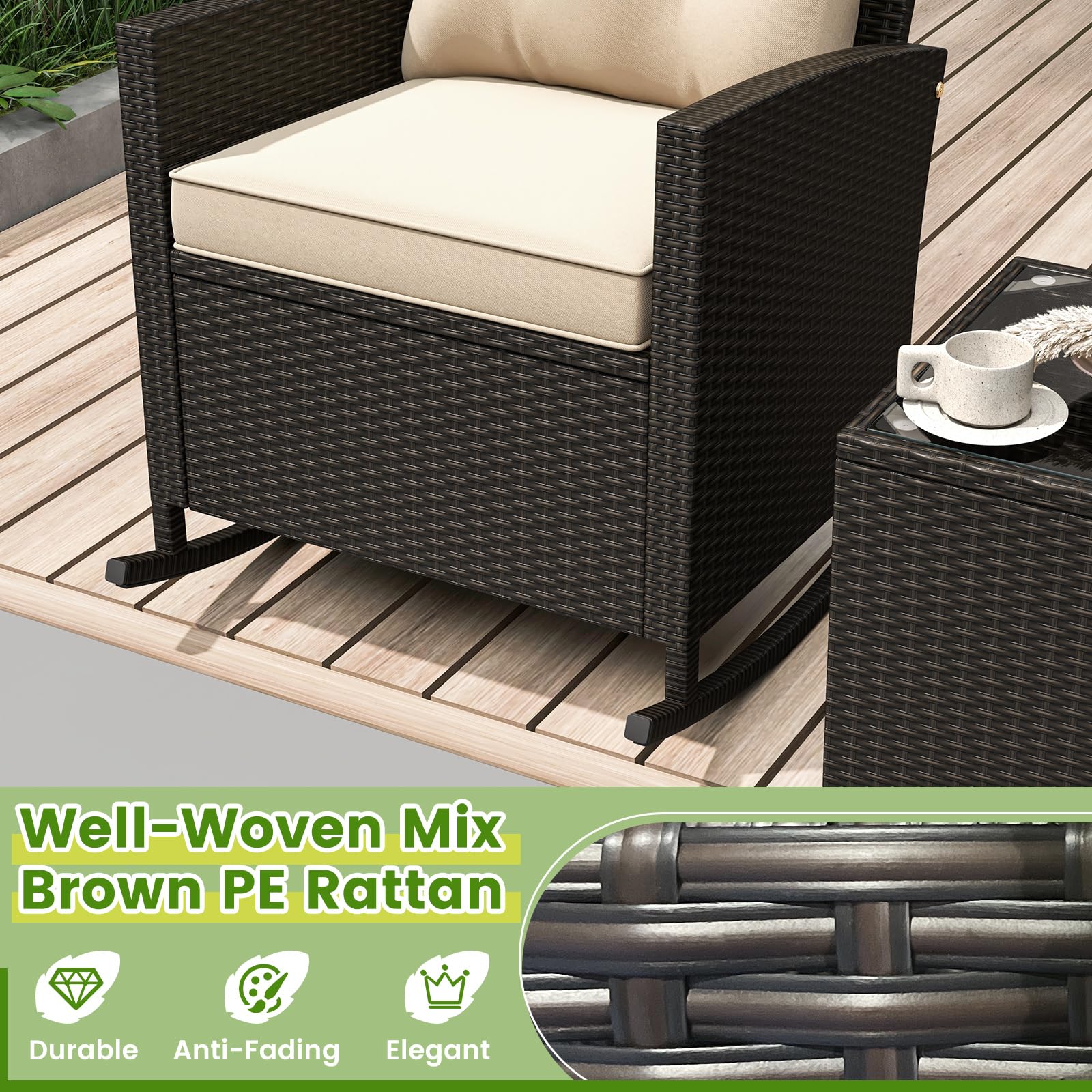 Tangkula 3 Piece Wicker Rocking Set, Patio Rattan Roker Chairs with Tempered Glass Table & Soft Cushions