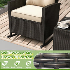 Tangkula 3 Piece Wicker Rocking Set, Patio Rattan Roker Chairs with Tempered Glass Table & Soft Cushions