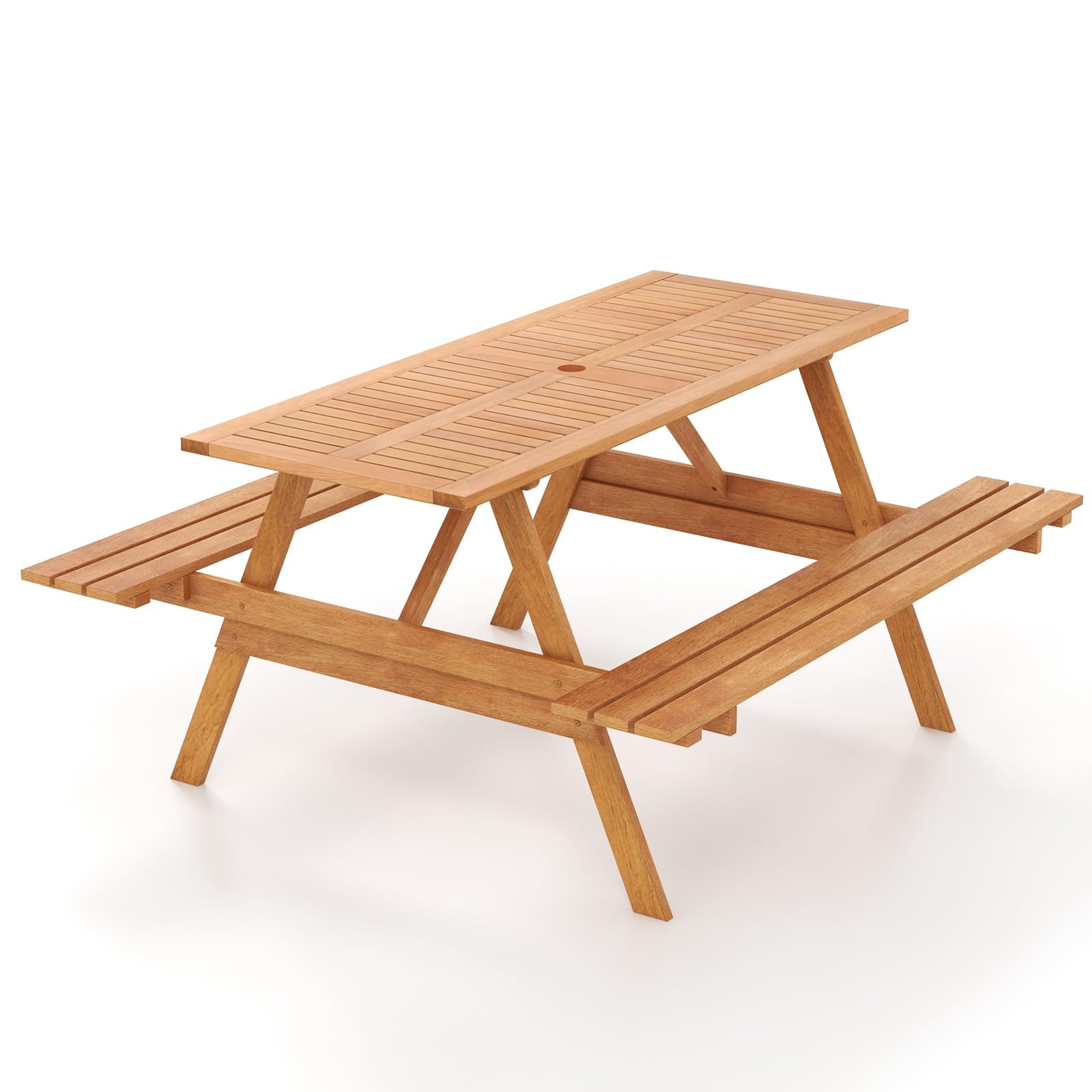 Tangkula Picnic Table with 2 Benches, Outdoor Hardwood Picnic Table Bench Set with 2-Inch Umbrella Hole, Slatted Tabletop & Seat