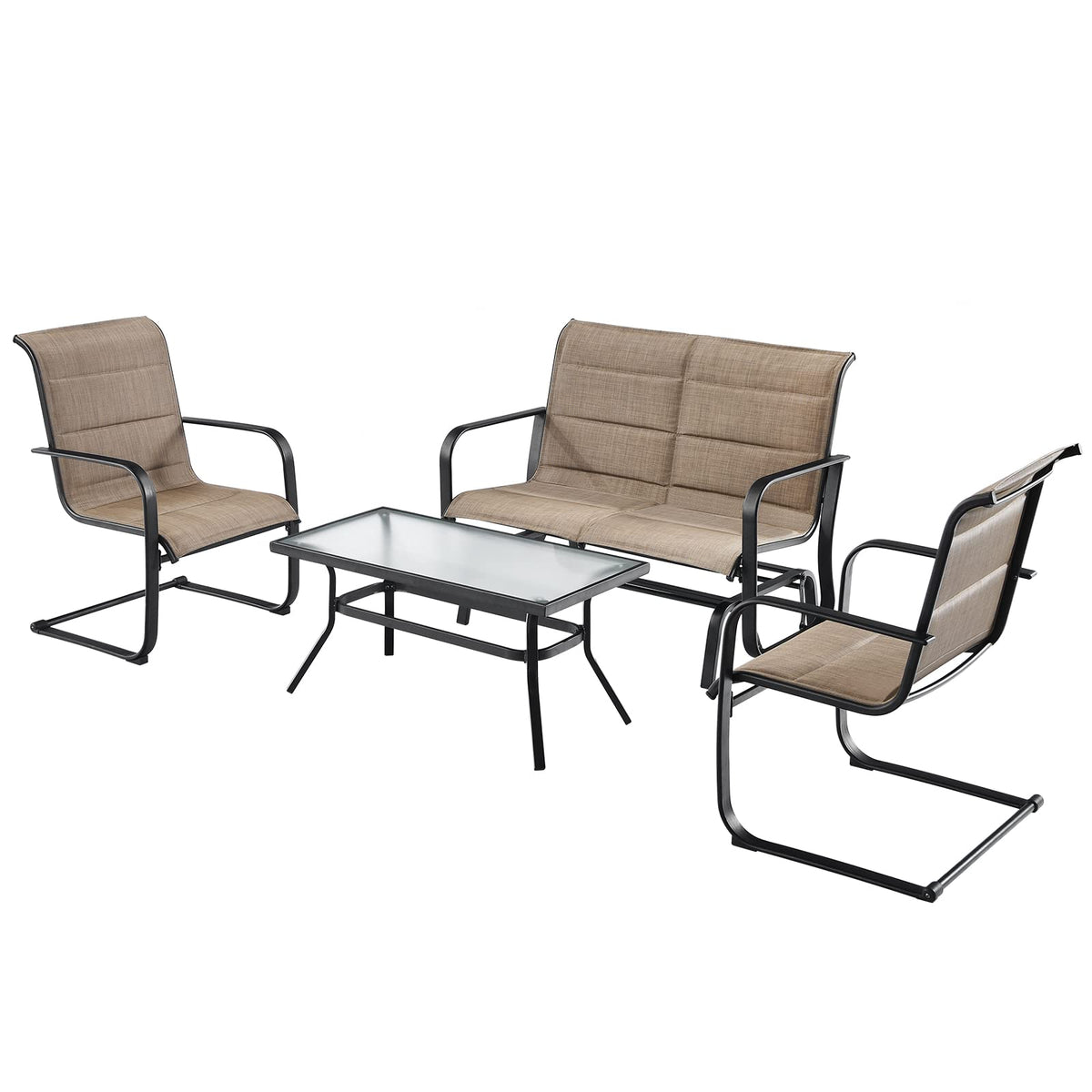 4 Pieces Outdoor Furniture Set, Coffee Table, 2-Person Swing Glider Loveseat and 2 Spring Motion Dining Chairs(Brown)