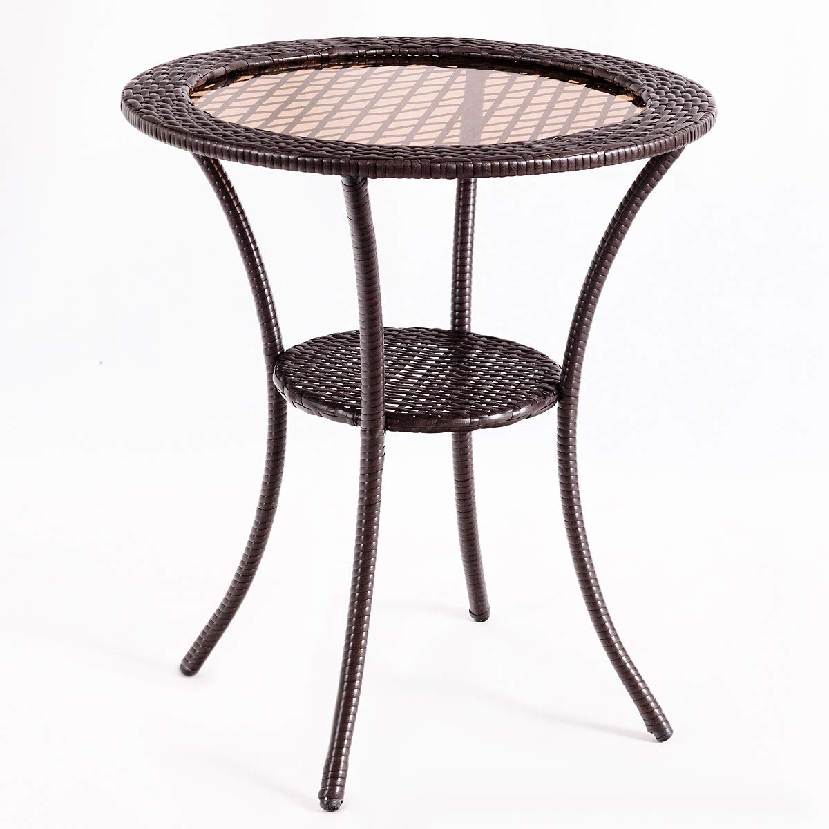 25" Patio Wicker Coffee Table Outdoor Backyard Lawn Balcony Pool Round Tempered Glass Top Wicker Rattan Steel Frame Table Furniture