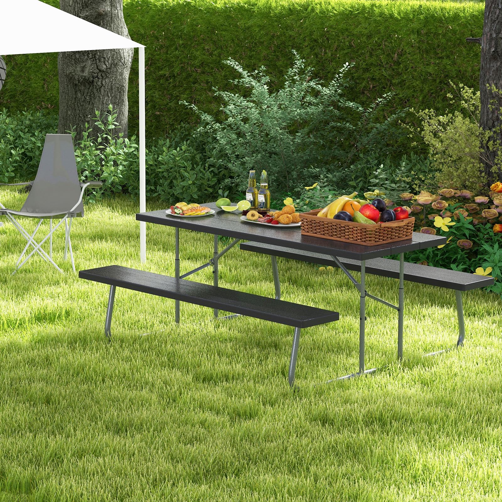 Tangkula 6 Ft Folding Picnic Table, Outdoor Picnic Table with 2 Built-in Benches, Umbrella Hole