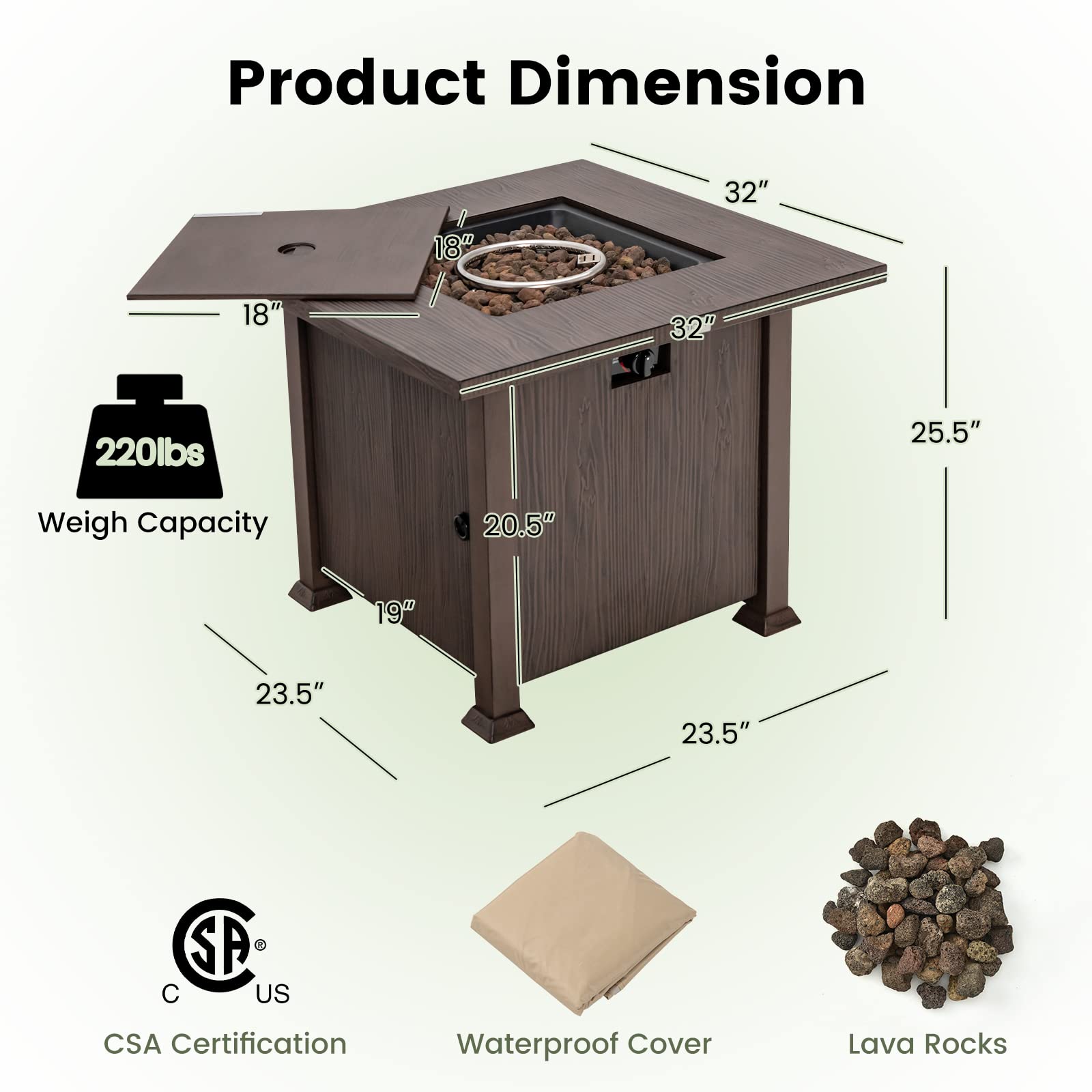 Tangkula 32 Inches Propane Fire Pit, Patiojoy 50,000 BTU Gas Fire Pit Table with Lid