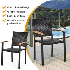 Tangkula 7 Pieces Patio Dining Set, Outdoor Dining Table Set with Acacia Wood Table Top, 6 Wicker Armchairs