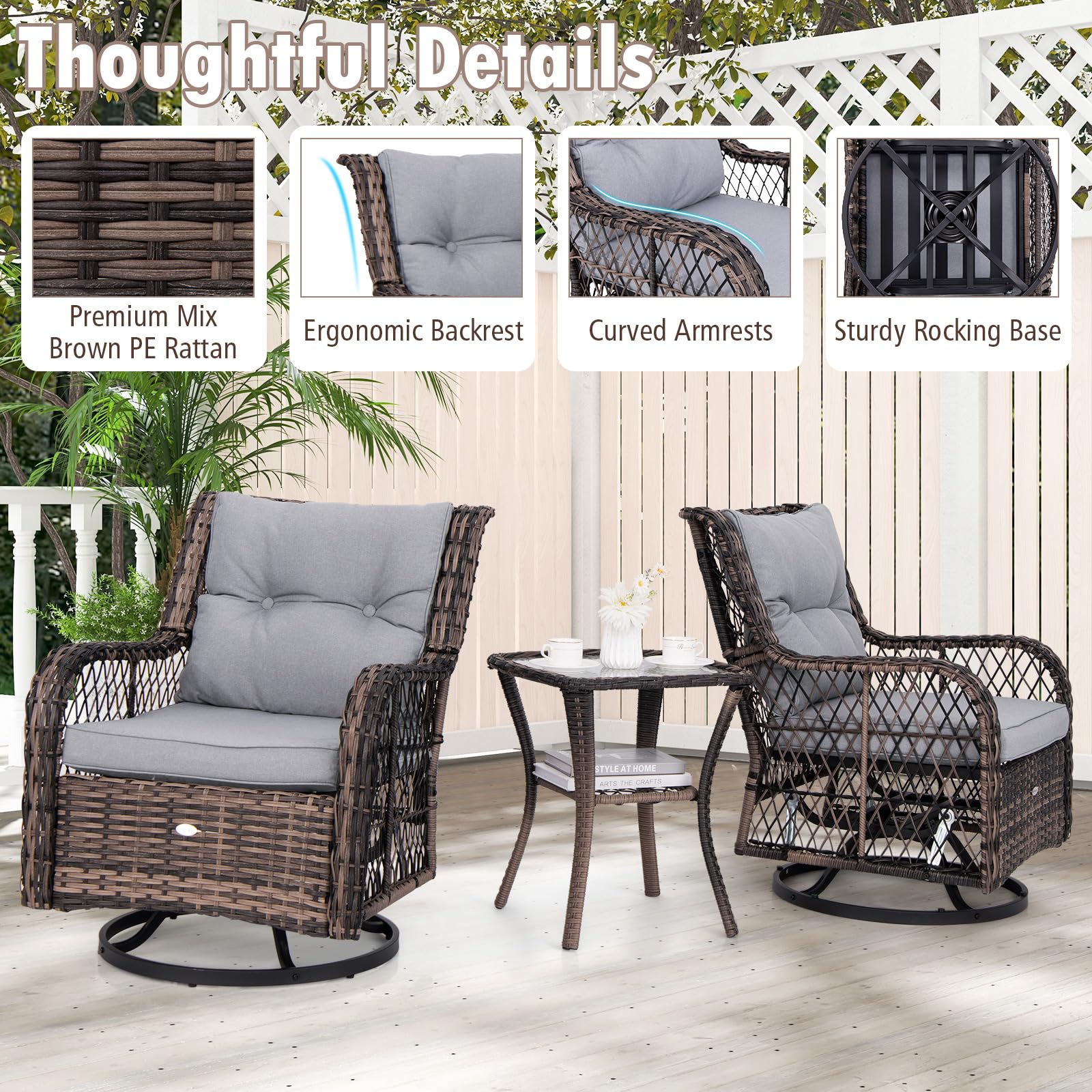 Tangkula 3 Pieces Outdoor Swivel Rocker Set, Rattan Wicker Patio Rocking Cushioned Chairs Set of 2 with Small Side Table