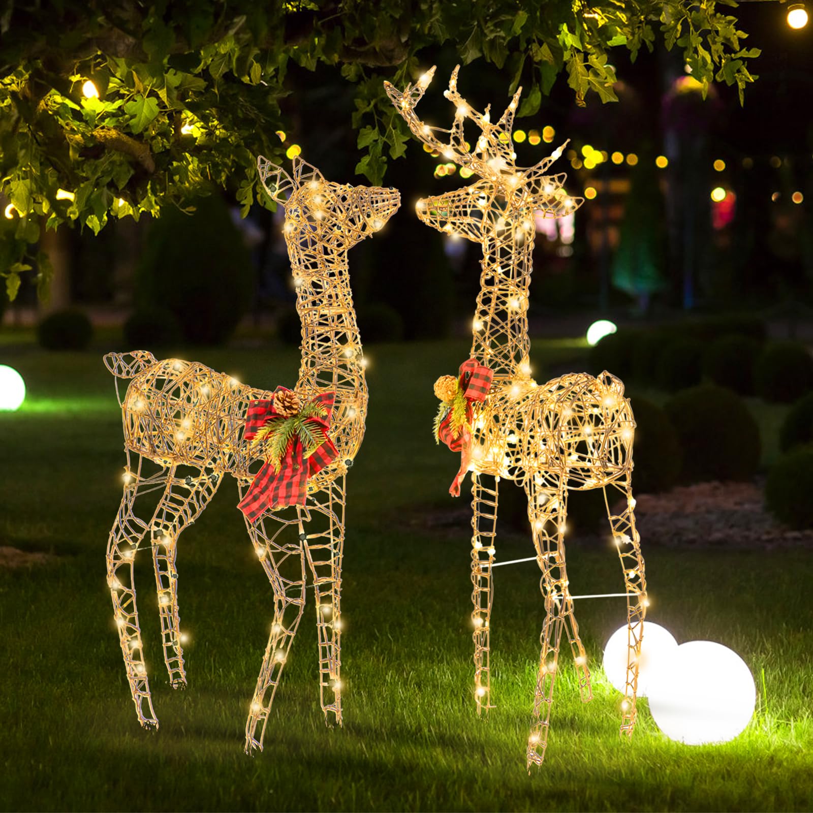 Tangkula 2 Pieces Lighted Christmas Reindeer Family Set with 230 LED Lights