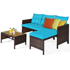 Tangkula Patio Corner Sofa Set 3 Piece, Outdoor Rattan Sofa Set