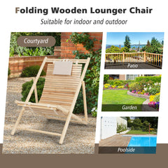 Tangkula Wood Sling Chair Outdoor, Patio Deck Chair with Detachable Headrest & 3-Level Adjustable Backrest