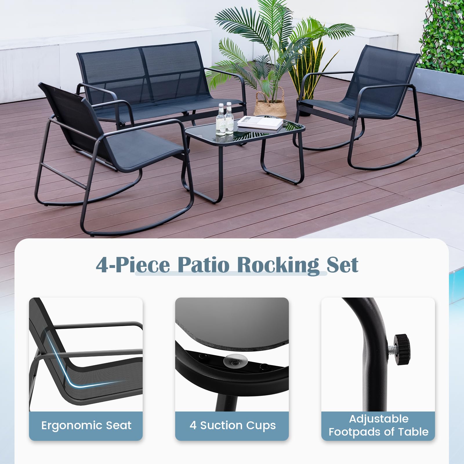 Tangkula 8 Piece Patio Rocking Set, 2 Rocking Chairs & Loveseat with Glass-Top Table