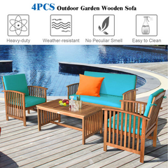 Tangkula Outdoo Wood Sofa Set w/Water Resistant Cushions, Padded Patio Seating Chat Set