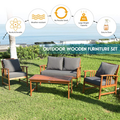 Tangkula 4 PCS Acacia Wood Patio Furniture Set, Outdoor Seating Chat Set with Gray Cushions & Back Pillow