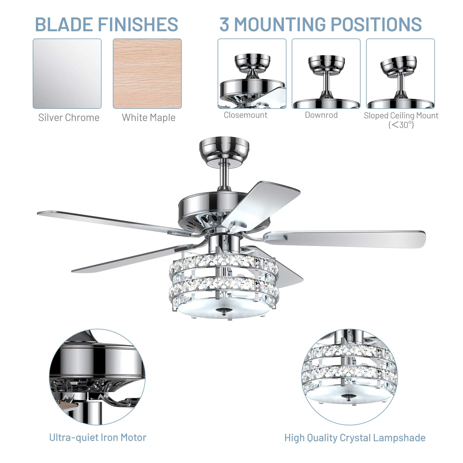 Tangkula Ceiling Fan with Crystal Light, 52 Inches Classical Ceiling Fan with Remote Control & 5 Iron Reversible Blades