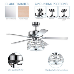 Tangkula Ceiling Fan with Crystal Light, 52 Inches Classical Ceiling Fan with Remote Control & 5 Iron Reversible Blades