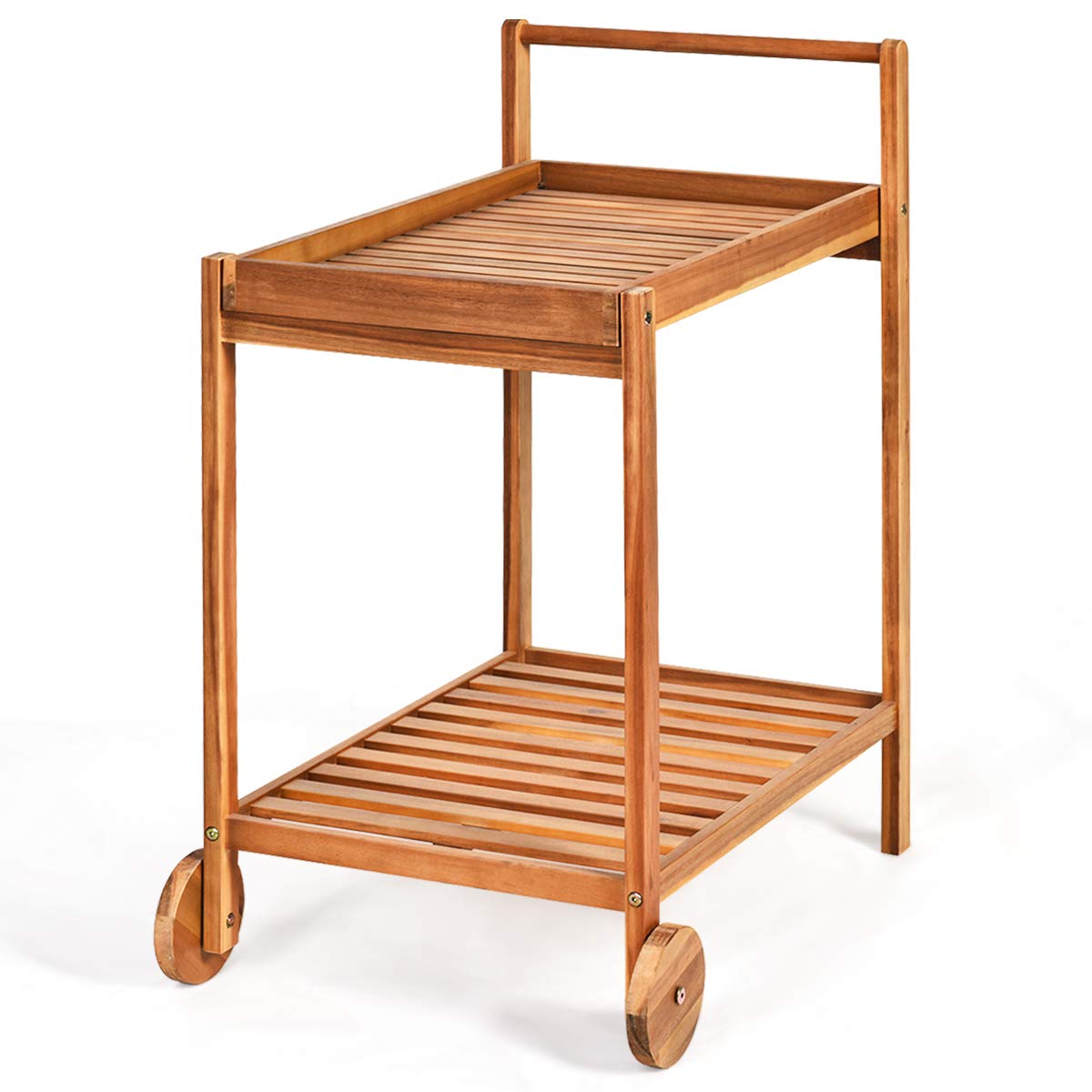 Tangkula Outdoor Acacia Wood Serving Cart, Patio Bar Cart Rolling Trolley Cart with 2 Trays, Portable Kitchen Serving Cart w/Wheels