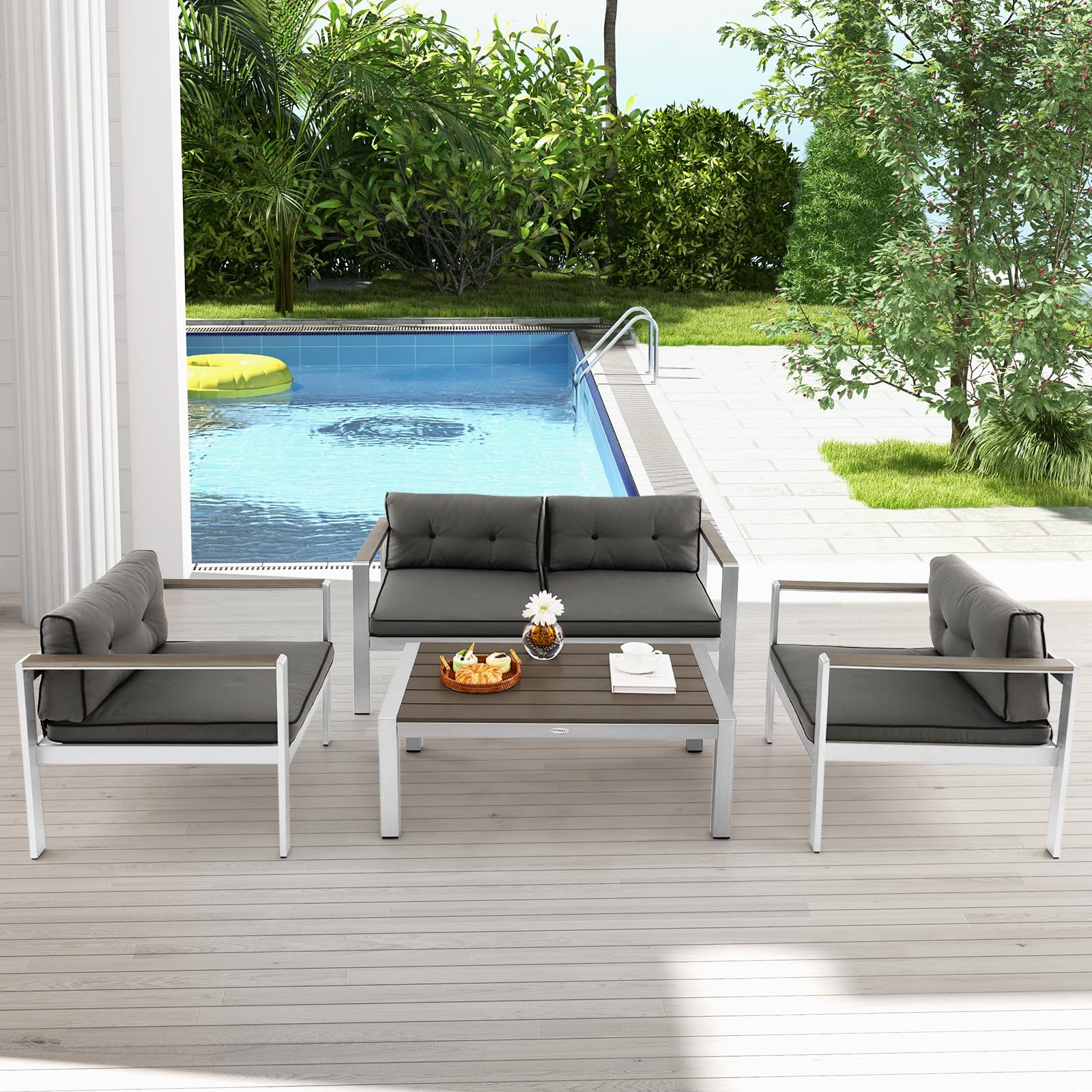 Tangkula 2 Piece Patio Aluminum Sofa Set, Contemporary 2-Person Sofa & Coffee Table