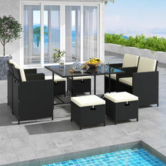 Tangkula 9 Pieces Outdoor Dining Furniture Set, Space-Saving Wicker Rattan Chairs & Tempered Glass Table with Ottomans