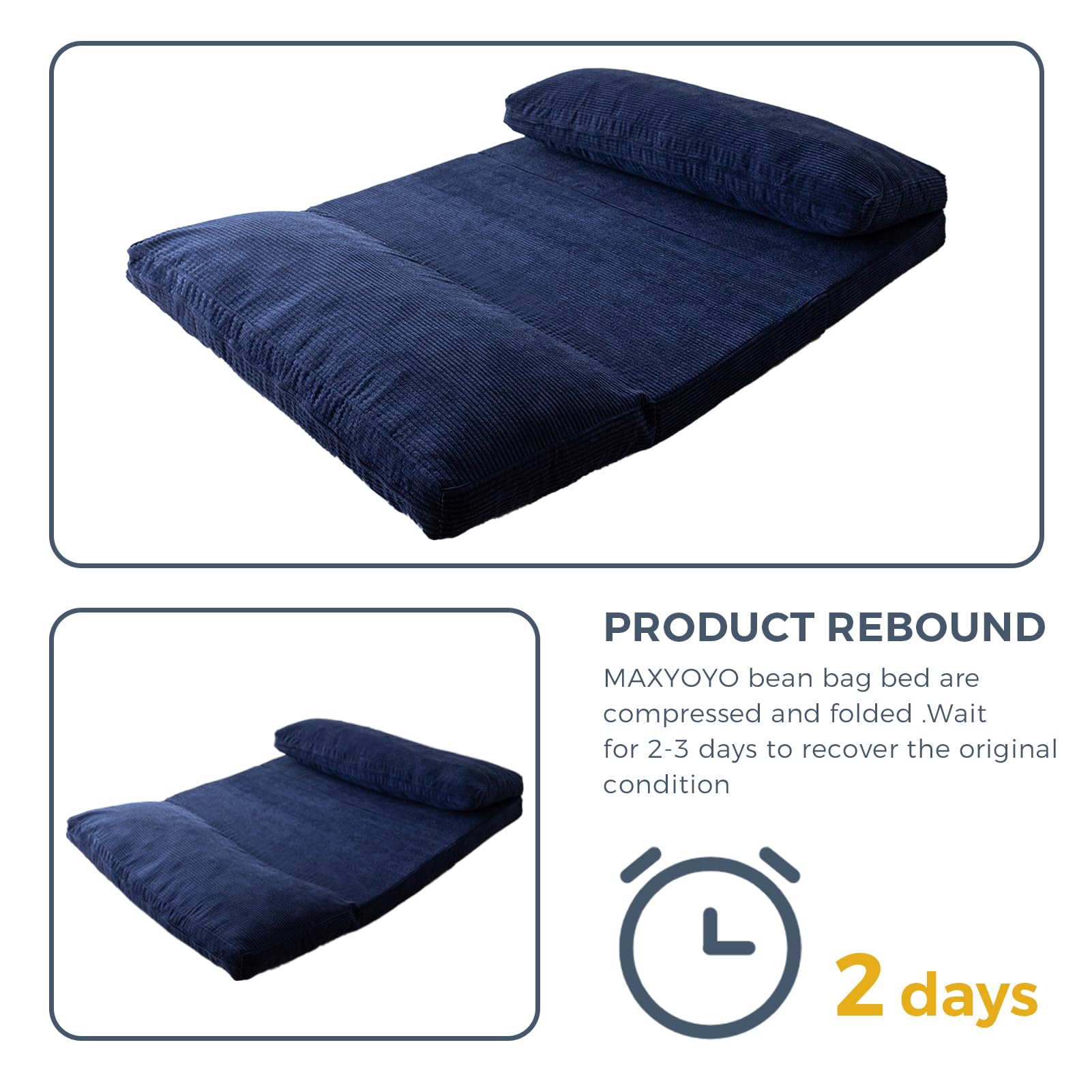 MAXYOYO Bean Bag Folding Sofa Bed with Corduroy Washable Cover, Extra Thick and Long Floor Sofa for Adults, Navy