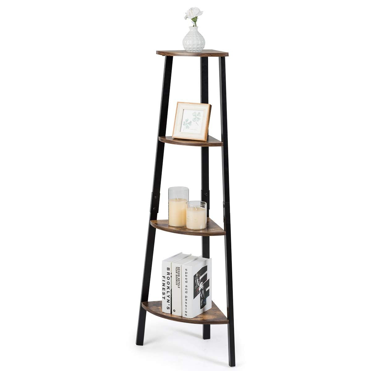 Industrial Corner Shelf, 4-Tier Ladder Bookshelf, Metal Frame Storage Rack