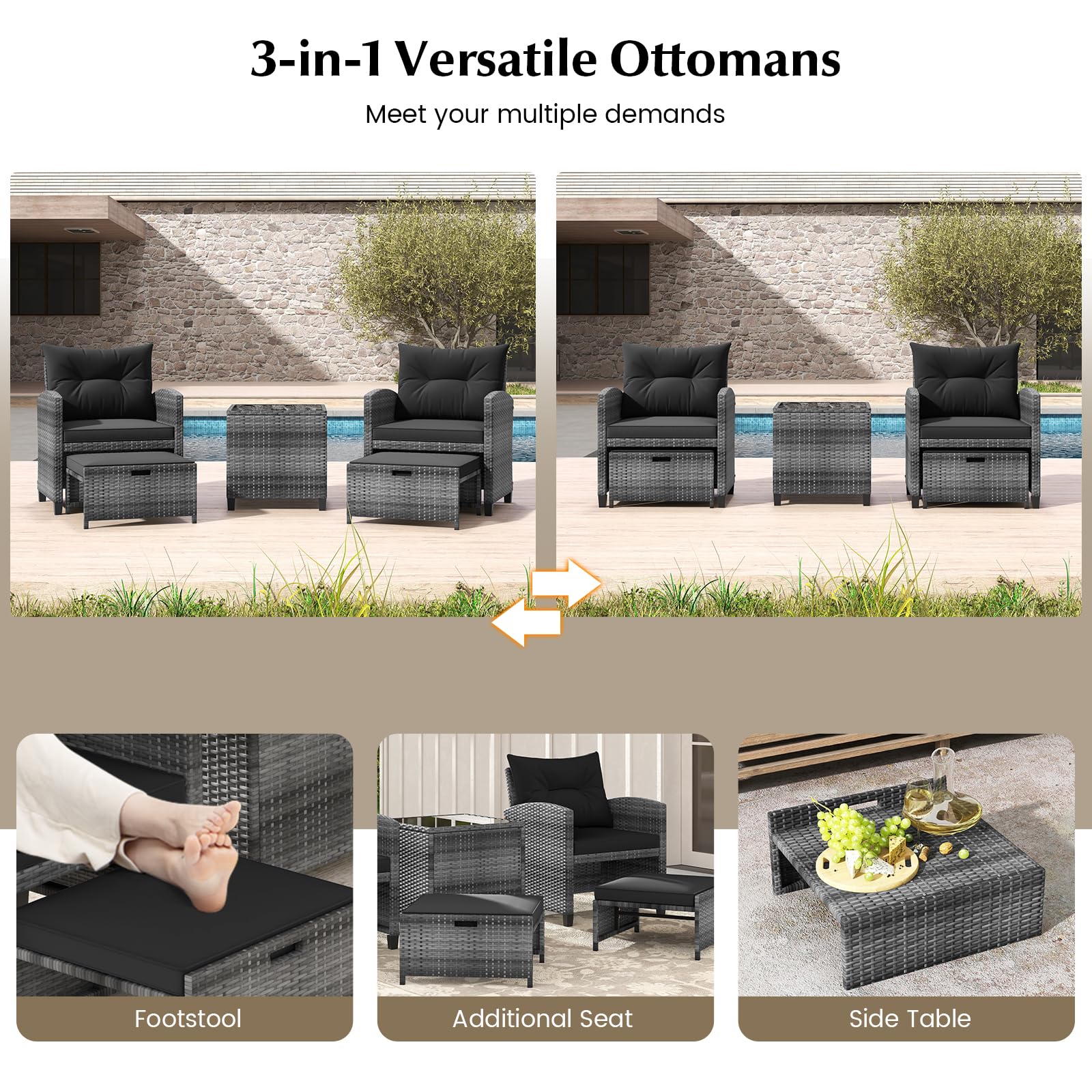 Tangkula 5 Piece Patio Rattan Furniture, Wicker Cushioned Chairs Set w/ 2 Ottomans & Tempered Glass Coffee Table