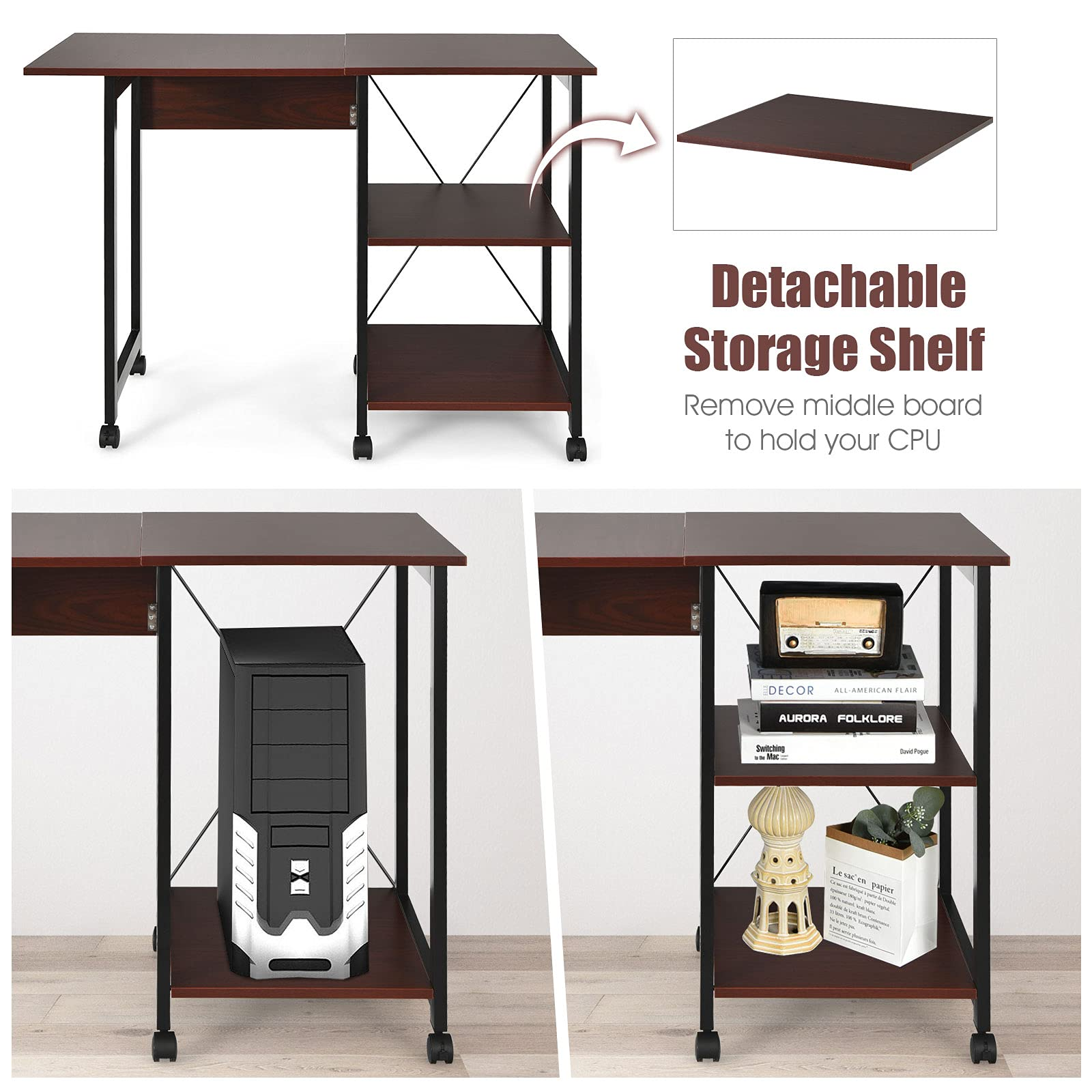 Tangkula Mobile Folding Computer Desk, Modern Writing Desk w/ 2-Tier Storage Shelves