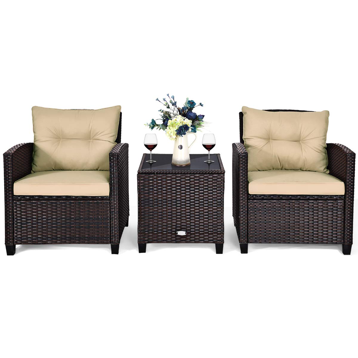 Tangkula 3 Pieces Patio Furniture Set, PE Rattan Wicker 3 Pcs Outdoor Sofa Set