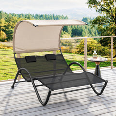 Tangkula 2 Person Lounge Chair with Adjustable Canopy, Outdoor Chaise Lounge with 2 Detachable Pillows