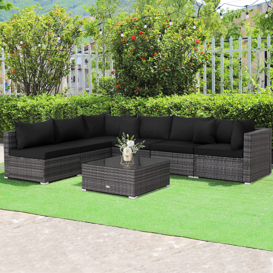 Tangkula 7 Piece Patio Wicker Furniture Set, Sofa Set for 6 with Seat, 2 Throw Pillows