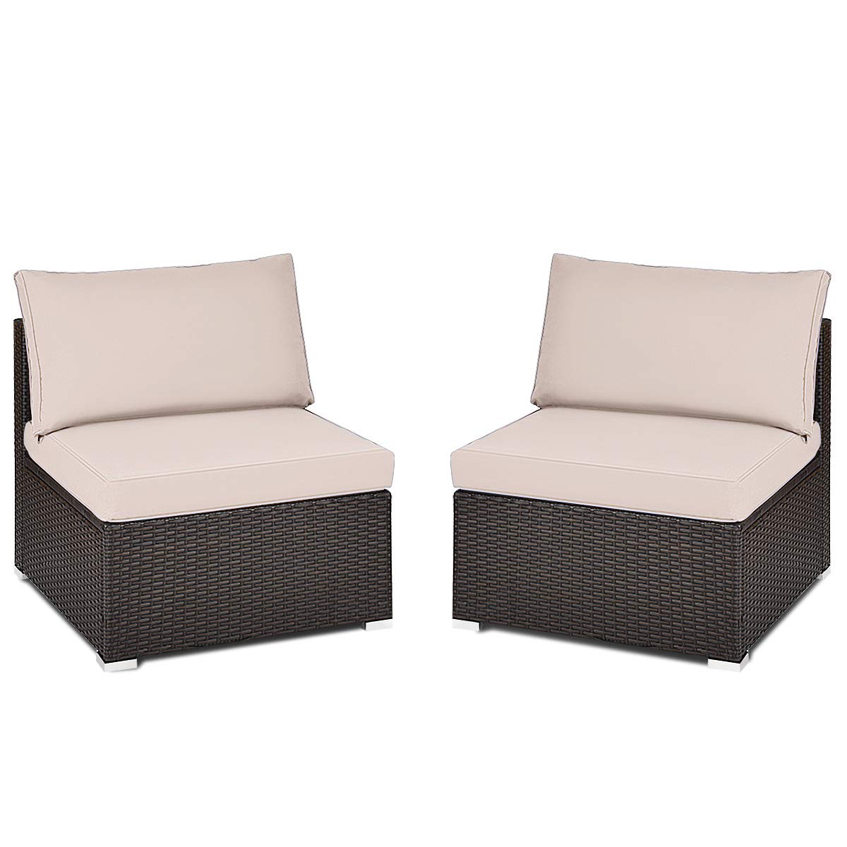 Tangkula 2 PCS Outdoor Wicker Armless Sofa, Patio Rattan Sectional Sofa Set w/2 Thick Cushions and 2 Pillows