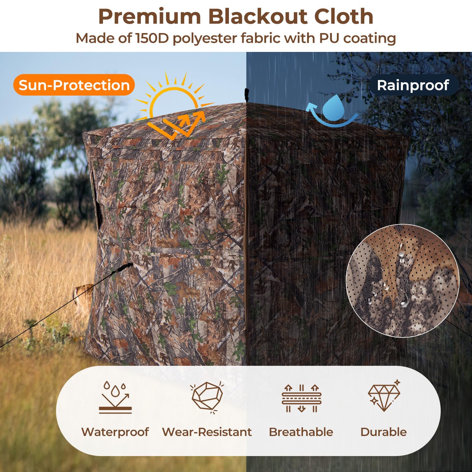 Tangkula Hunting Blind, 2-3 Person 360 Degree One-Way See-Through Ground Blind with Full-Open Door & Sliding Windows