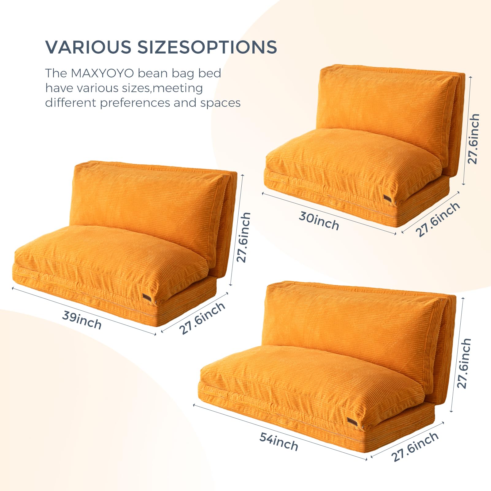 MAXYOYO Bean Bag Folding Sofa Bed with Corduroy Washable Cover, Extra Thick and Long Floor Sofa for Adults, Orange