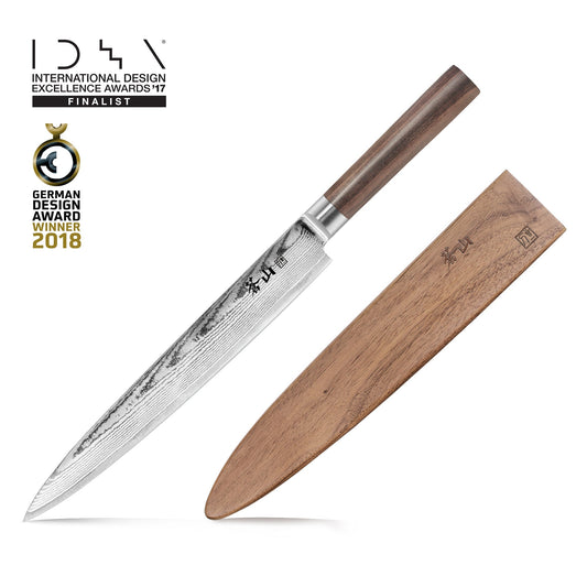 J Series 10-Inch Sashimi Chef Knife with Walnut Sheath, Forged X-7 Damascus Steel, 1020090