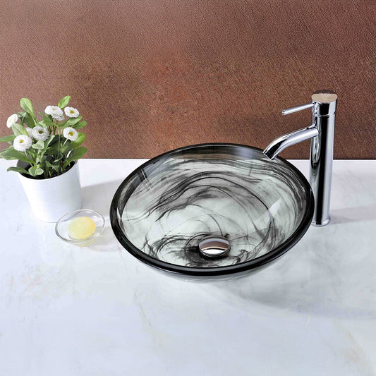 Mezzo Series 17 in. Round Bathroom Vessel Sink with Stain-Resistant Non-Porous Surface in Slumber Wisp Finish Glass