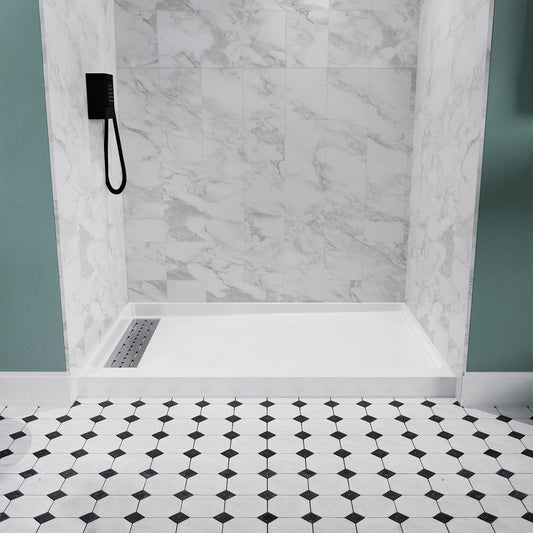 Alexander 60 in. L x 36 in. W Alcove Shower Pan Base with Left or Right Drain in Glossy White Marine Acrylic