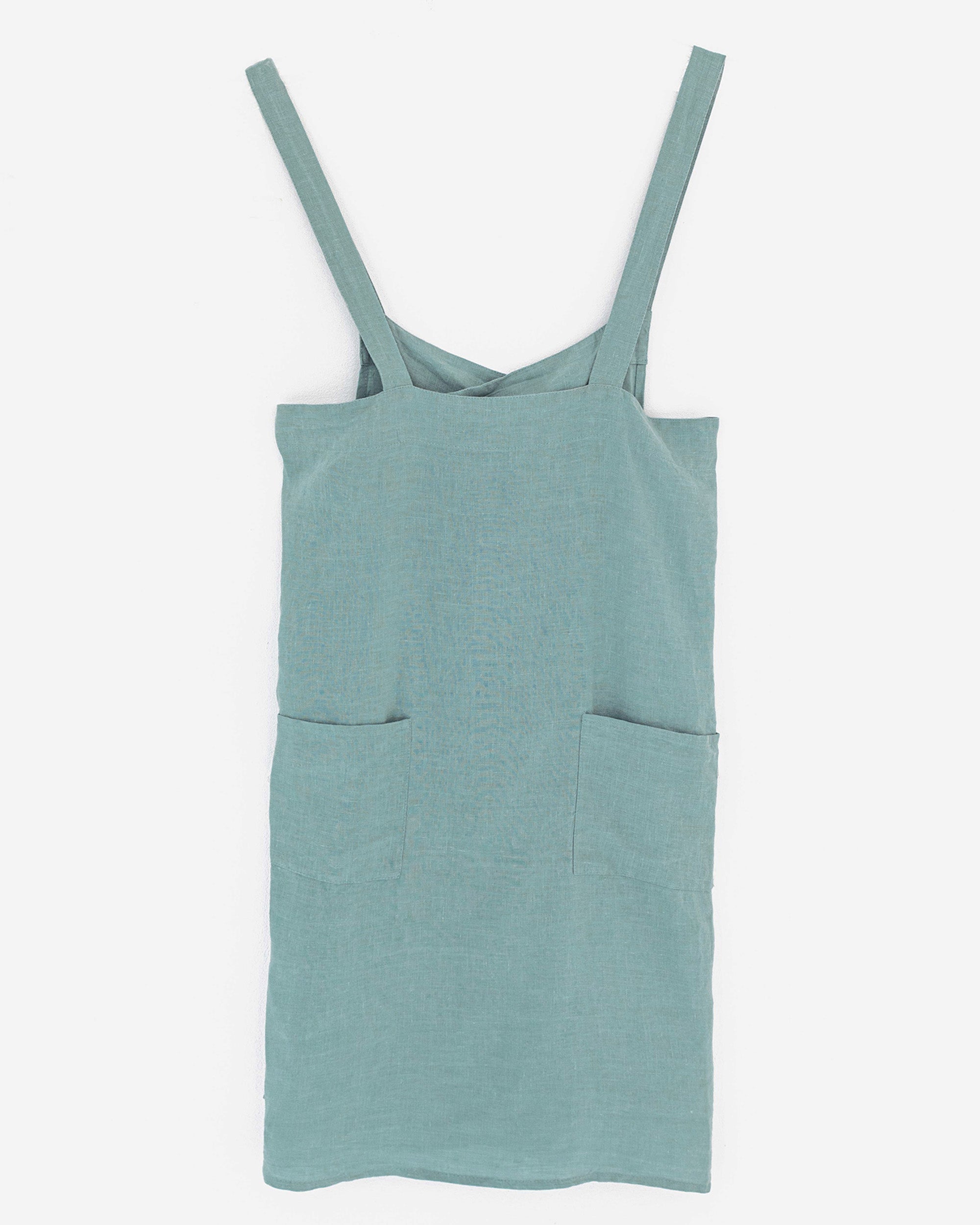 Japanese cross-back linen apron in Aquamarine blue