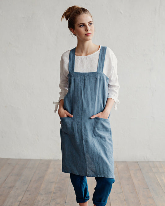 Japanese cross-back linen apron in Gray blue