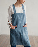 Japanese cross-back linen apron in Gray blue