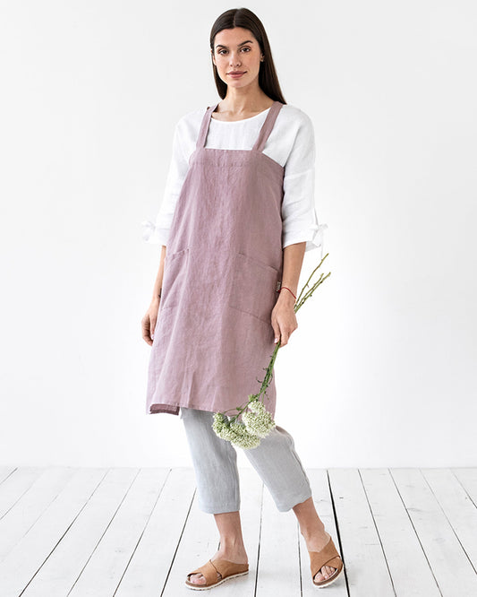 Japanese cross-back linen apron in Woodrose