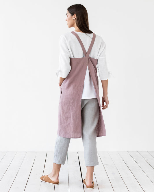 Japanese cross-back linen apron in Woodrose