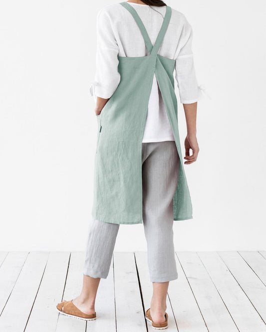 Japanese cross-back linen apron in Dusty blue