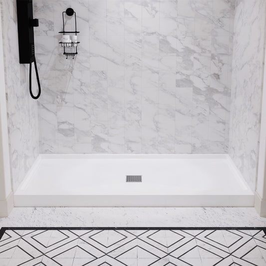Alexander 60 in. L x 32 in. W Alcove Shower Pan Base with Center Drain in Glossy White Marine Acrylic