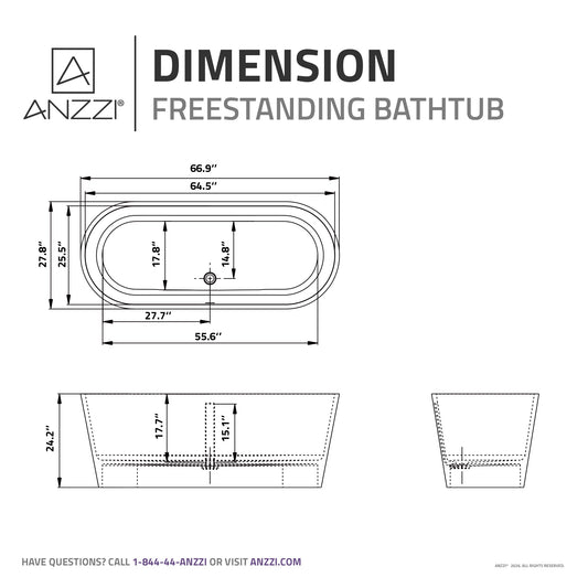 Rossetto Series 67 in. x 28 in. Flat Bottom Solid Surface Freestanding Soaking Bathtub with Center Drain in Matte White