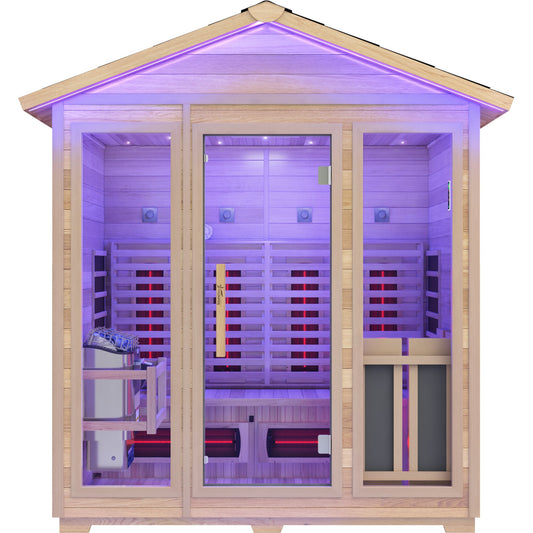 4-Person Infrared and Electric Heater Outdoor Red Cedar and Hemlock Wood Sauna with Wet/Dry Use, Touch Pad Controller