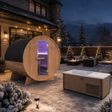 4-6 Person Electric Rock Heater Outdoor White Cedar Sauna with 1-Person Chestnut Cold Plunge with 1-Hp Built-in Chiller