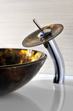 Timbre Series 17 in. Round Bathroom Vessel Sink in Kindled Amber Finish Glass with Matching Chrome Waterfall Faucet