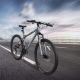26" Adjustable Mountain Bike with 21-Speed Drivetrain, Disc Brakes, High-Carbon Steel Off-Road Bike, 67" L x 26.5" W x 38.5" H, Blue+Gray