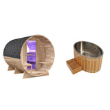 4-6 Person Electric Rock Heater Outdoor Barrel Panoramic Cedar Sauna with 2-Person Cedar Cold Plunge Soaking Bathtub